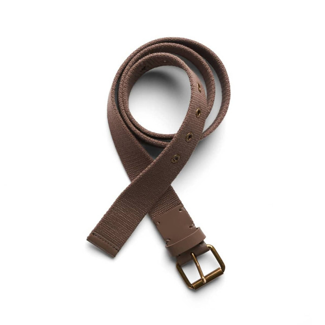 A brown cotton webbing belt with a rectangular buckle and adjustable holes, featuring a minimalist design.