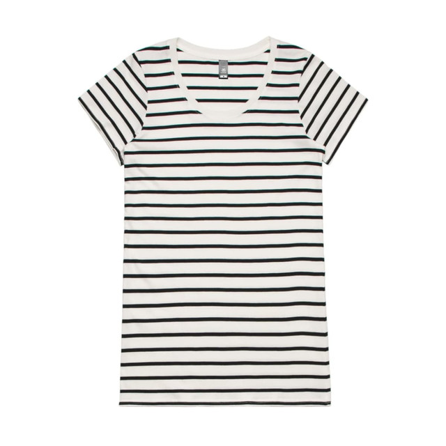 A striped T-shirt featuring horizontal black and white stripes, with a V-neck design and short sleeves.