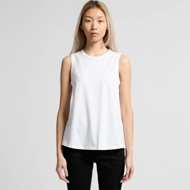 A sleeveless white tank top with a relaxed fit, featuring a subtle logo branding.