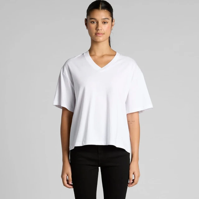 A white V-neck t-shirt with short sleeves, featuring a relaxed fit and a brand logo.