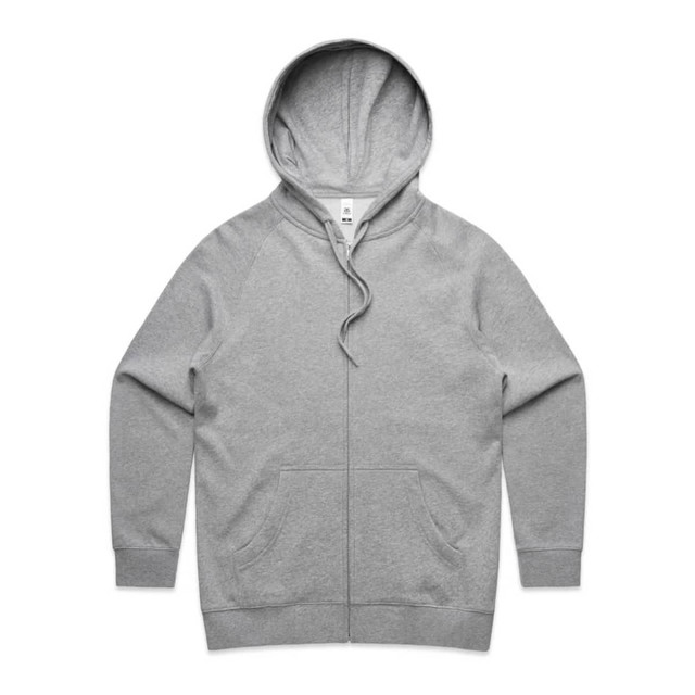 A grey zip-up hoodie featuring a hood and front pockets, with a branding logo.