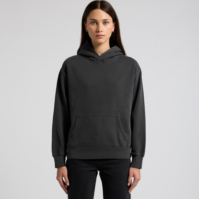 A faded black hoodie with a front pocket and an attached hood, featuring a branding logo.