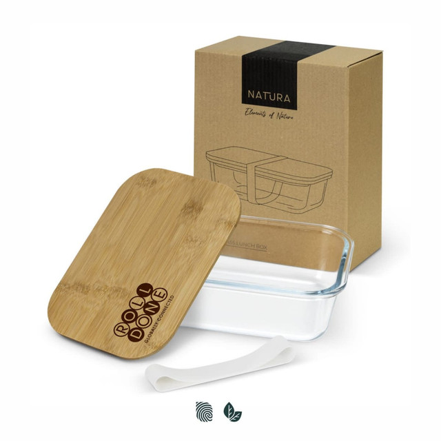 A glass lunch box with a bamboo lid and a white silicone band, presented in a cardboard box.
