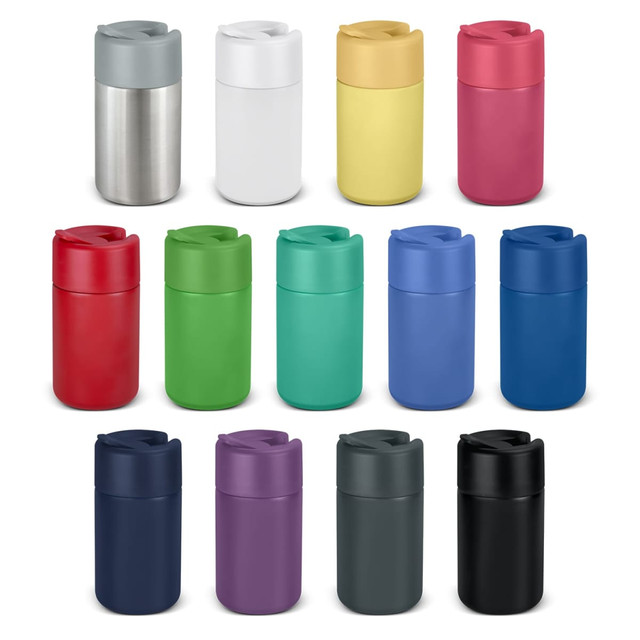 A drink bottle collection featuring various colours including silver, white, yellow, red, green, blue, purple, and black. Each has a lid and branding.