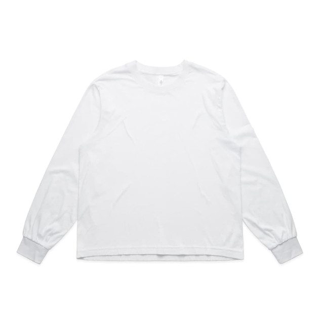 A white long-sleeve t-shirt with a simple design and a logo on the chest.
