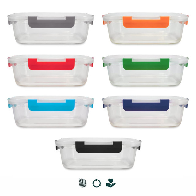 A set of transparent lunch boxes with coloured handles in grey, orange, red, green, blue, and black. Each box has a lid.