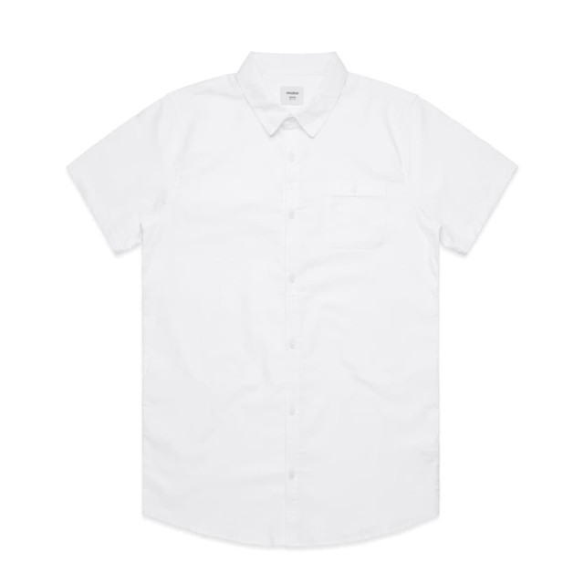 A short-sleeved, white button-up shirt featuring a chest pocket and a logo.