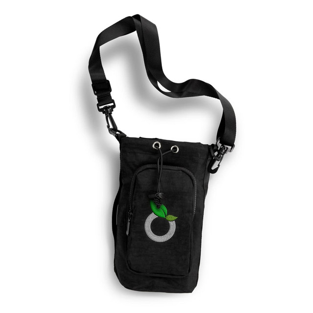 A drink bottle bag in black with a strap, featuring a front pocket and a logo design.