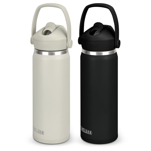 A drink bottle set featuring a light beige and a black colour option, both with a flip straw and carry handle.