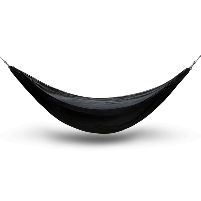 A black outdoor hammock with a smooth surface, featuring metallic attachment points on each end.