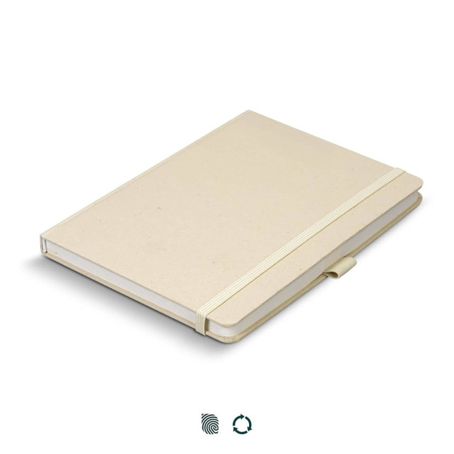 A beige hard cover notebook featuring a tab closure and elastic band, made from recycled paper with a logo.