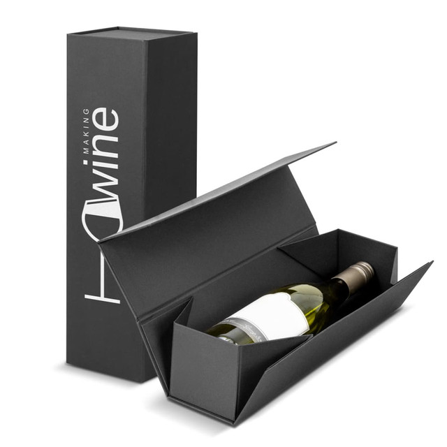 A wine bottle in a sleek black gift box, featuring a minimalist design and an interior cradle for protection.
