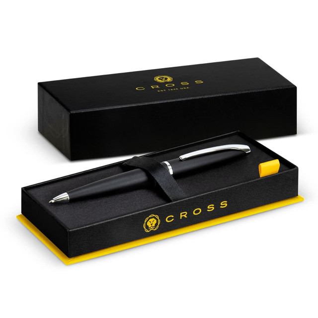 A black Cross ATX ballpoint pen in a black and yellow presentation box with a logo.