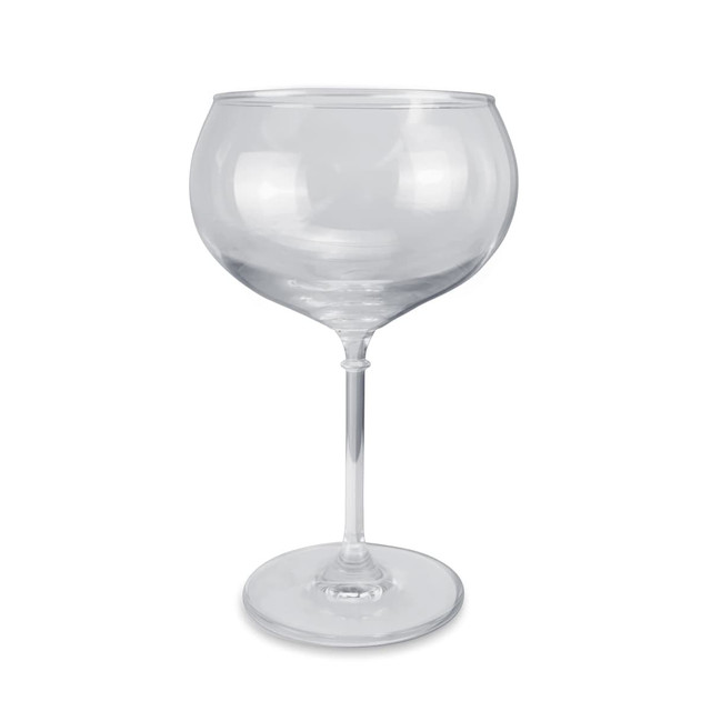 A clear glass with a wide bowl and slender stem, designed for serving drinks.