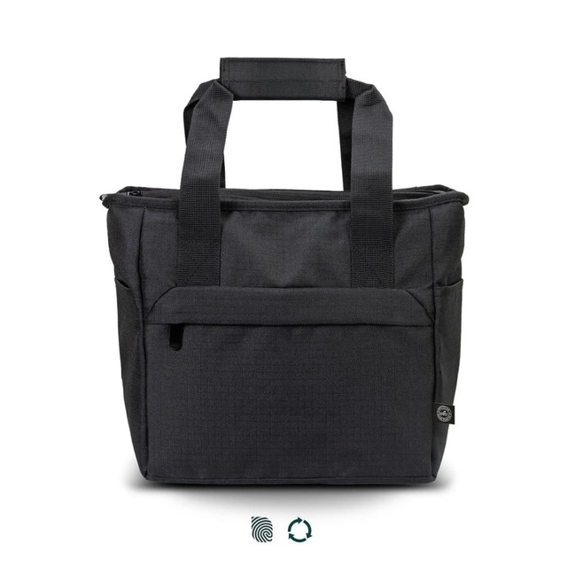 A black cooler bag with two handles, featuring a zippered compartment and side pockets. It also has a logo.