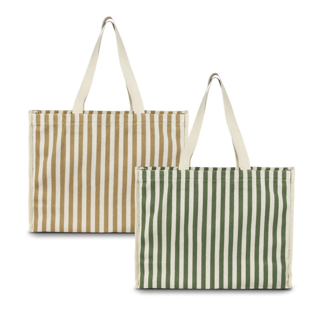 A striped beach tote bag in brown and cream, and a green and cream design. Each bag features sturdy handles and a logo.