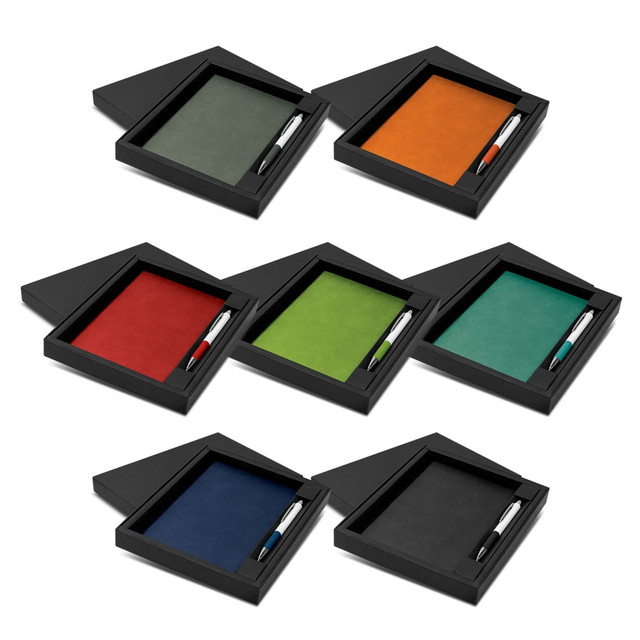 A Genoa Notebook and Pen Gift Set featuring various coloured notebooks and pens in black boxes.