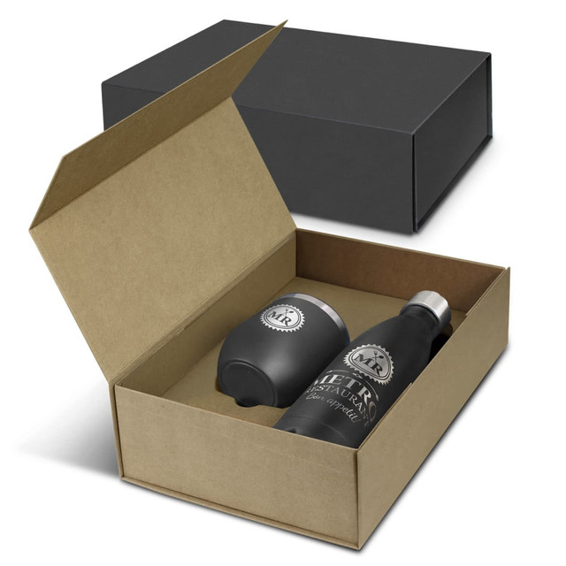 A black drink bottle and a matching cup inside a brown gift box with a black exterior and a logo.