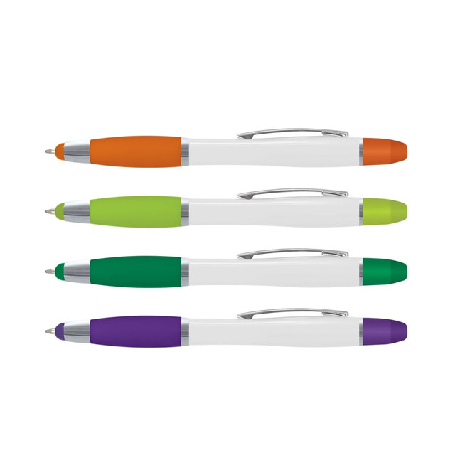 A set of multi-function plastic pens in orange, green, purple, and dark green, featuring a white body and a clip.