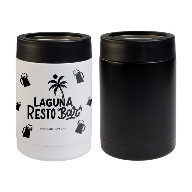 A drink bottle cooler in black and white, featuring a logo on the white side and a sleek black design.