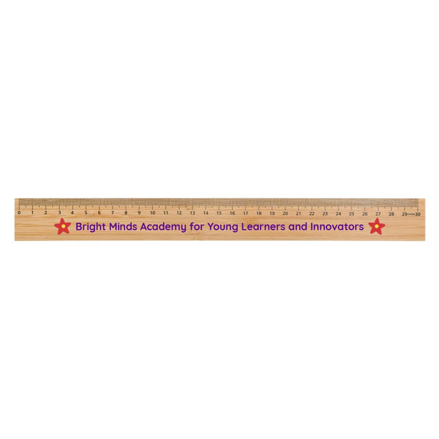 A bamboo 30cm ruler featuring a logo and red star accents. Wood finish with measurement markings in black.