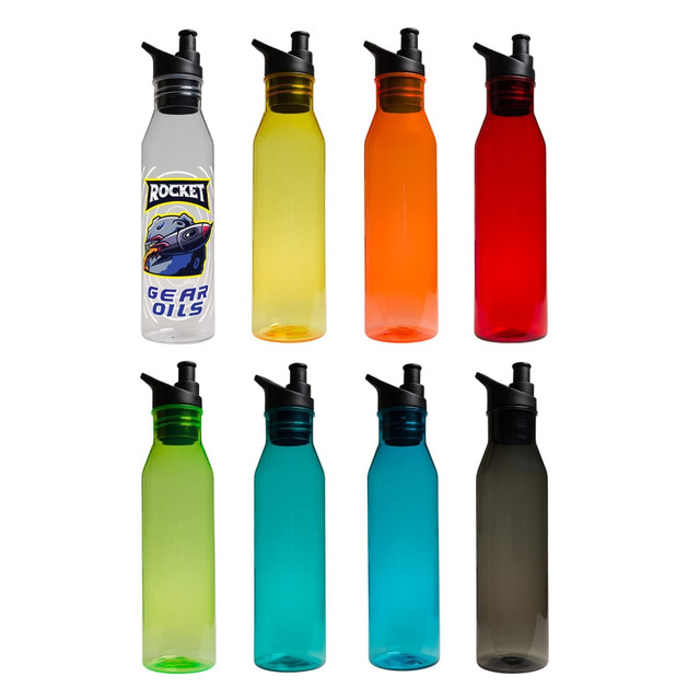 A drink bottle collection in clear, yellow, orange, red, teal, and dark grey, featuring various designs and a logo.