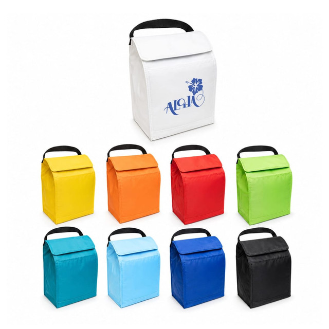 A range of cooler lunch bags in white, yellow, orange, red, green, blue, and black, featuring a logo on the white bag.