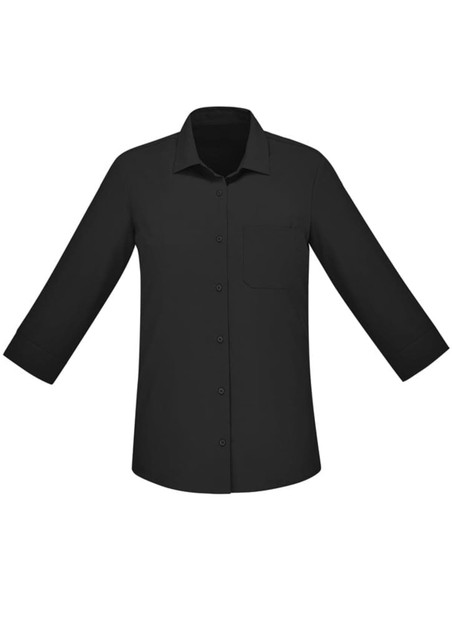 A plain black women's button-up shirt with 3/4 sleeves and a single chest pocket. It features a logo.
