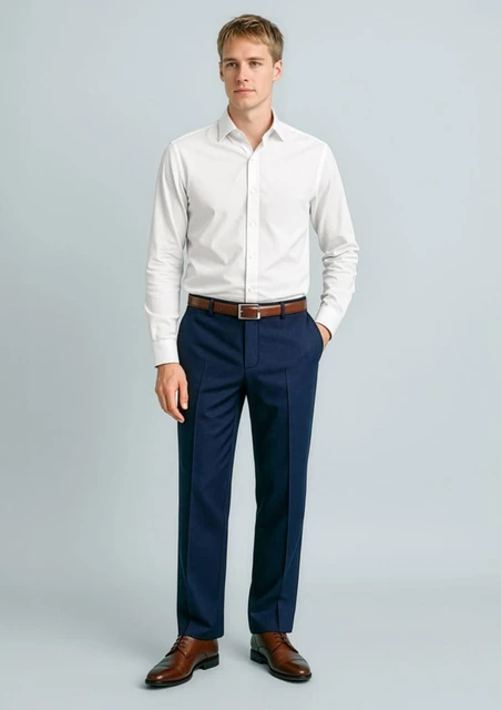 A man wearing a white shirt and navy blue flat front slacks, with a leather belt and shoes, standing against a light background.