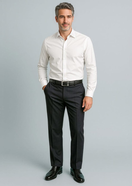 Men's cool stretch adjustable waist pants in black, styled with a white shirt and belt, featuring a logo.