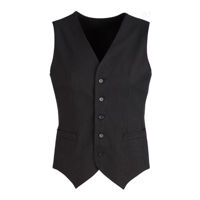 A black men's peaked vest featuring a knitted back, with five buttons and two front pockets.