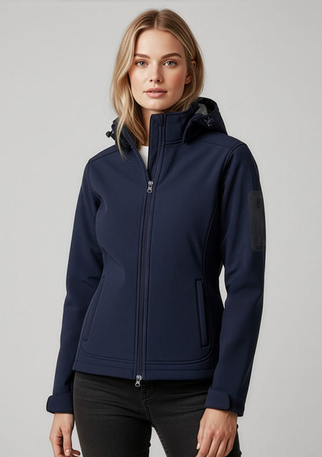 A women's soft shell jacket in navy, featuring a hood and a logo on the sleeve.