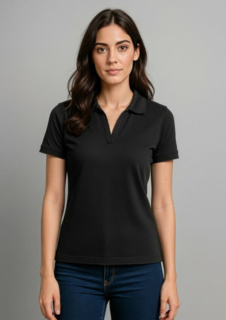 A women's short sleeve polo shirt in black, featuring a collar and a fitted design. It has a logo placement.