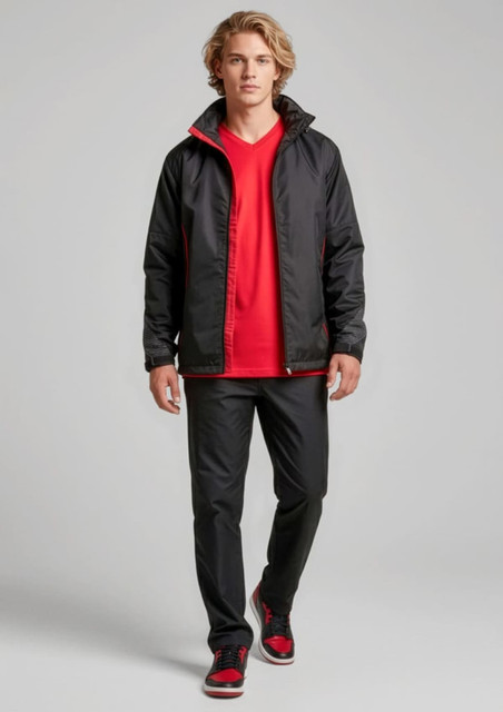 A model wears black track pants with a matching jacket and a red t-shirt, featuring a logo.