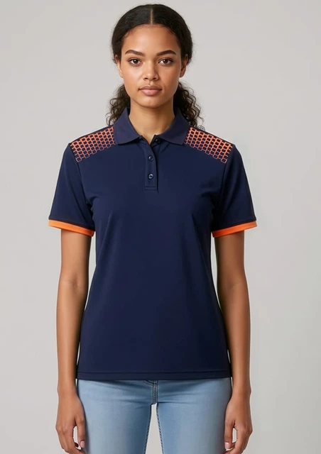 A navy blue women's short sleeve polo shirt with orange accents and a patterned design on the shoulders.