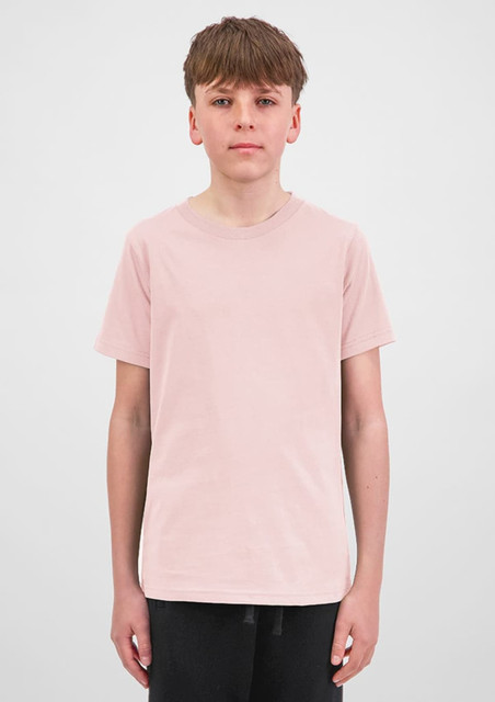 A plain pink short sleeve tee displayed on a model against a neutral background. The shirt has a logo.