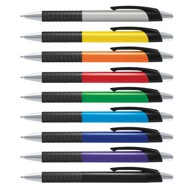 A collection of plastic pens with coloured barrels including grey, yellow, orange, red, green, blue, and purple. Each pen has a logo.