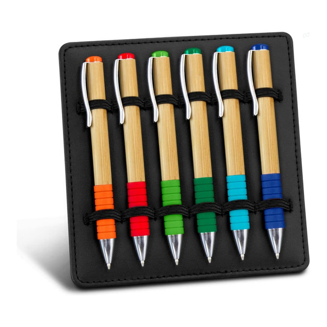 A display stand featuring six bamboo pens with assorted coloured accents: orange, green, blue, and red. The stand is black.