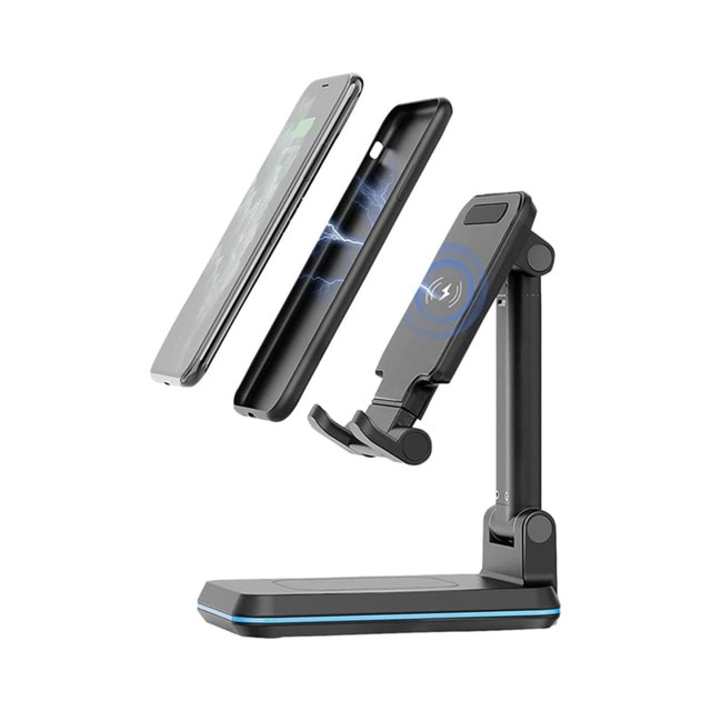 A foldable wireless charge stand in black with a stylish base, designed for holding a smartphone.