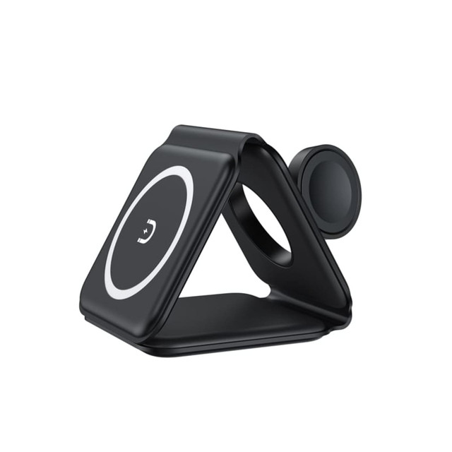 A black 3-in-1 magnetic wireless charger with a triangular design and a circular charging surface.