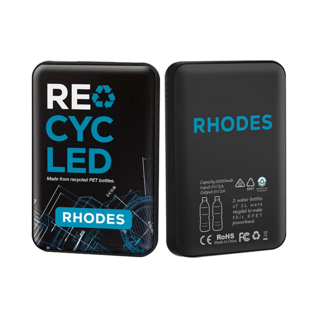 A black power bank featuring a logo, made from recycled PET bottles, highlighted with turquoise and white text.