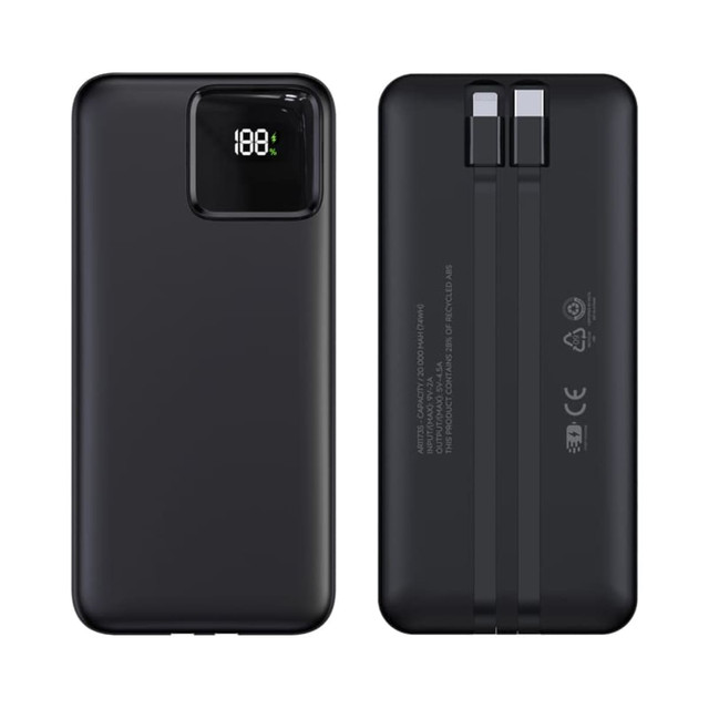 A black power bank with a digital display, featuring two USB ports and a sleek design.