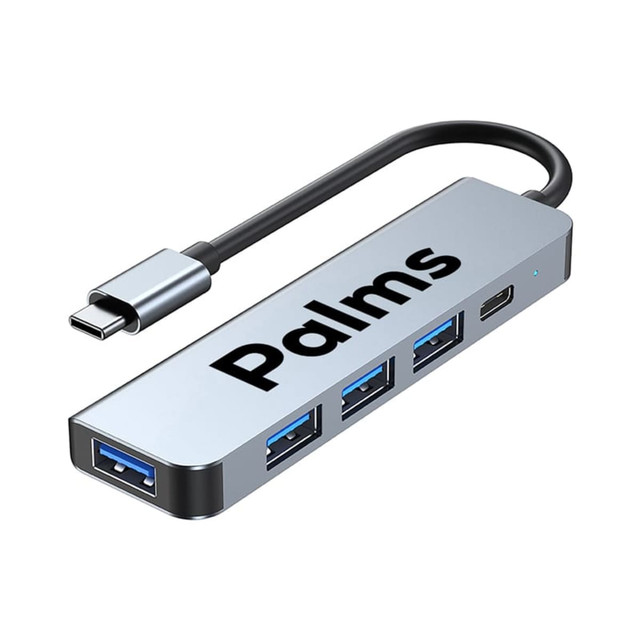 A silver USB Type-C hub with three blue USB ports and a USB-C connector. It features a logo on the side.
