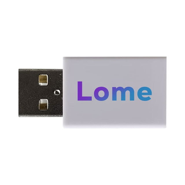 A white data blocker featuring a Type-A USB connector and a branded logo.