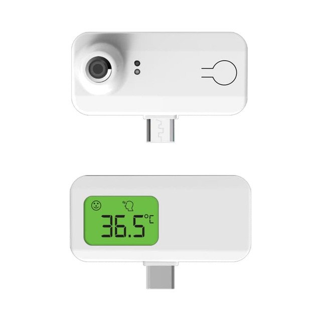 A white thermometer with a digital display showing temperature. It has a connector for smartphones and a logo on the side.
