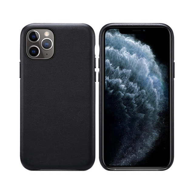 A black PU iPhone case displayed from the front and back, featuring a sleek design and a logo.