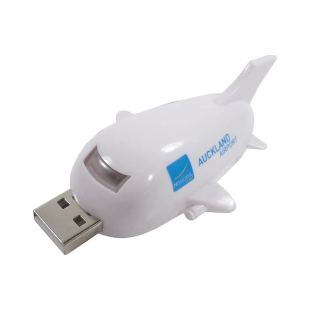 A white aeroplane-shaped flash drive with a USB connector, featuring a logo on one side.