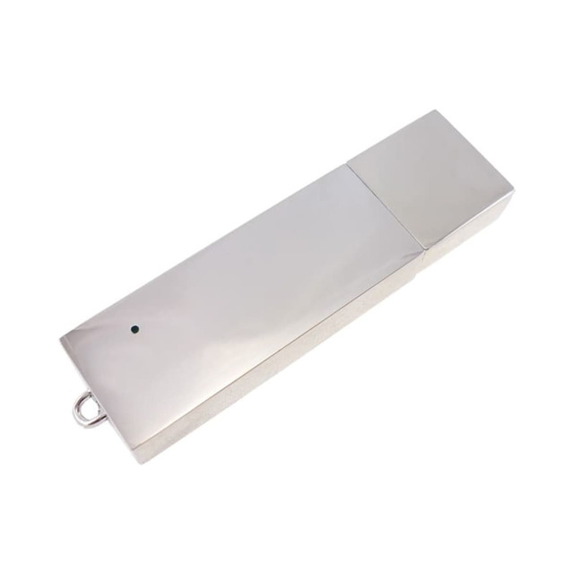 A slim, shiny silver flash drive with a sleek design and a small circular indicator light.
