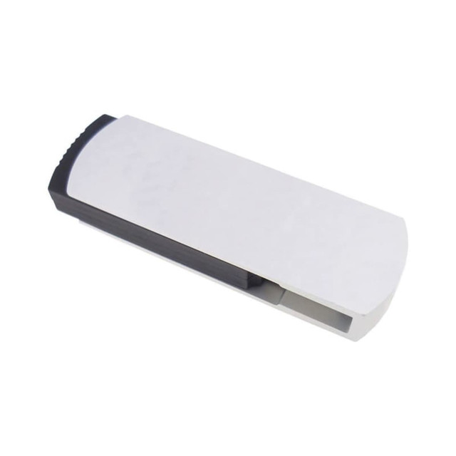 A Pentagon Swivel Flash Drive in black and white, featuring a sleek, rectangular design with a branding logo.