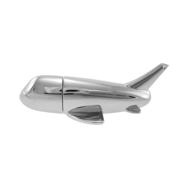 A metallic silver flash drive designed in the shape of an airplane, featuring a smooth and shiny surface.